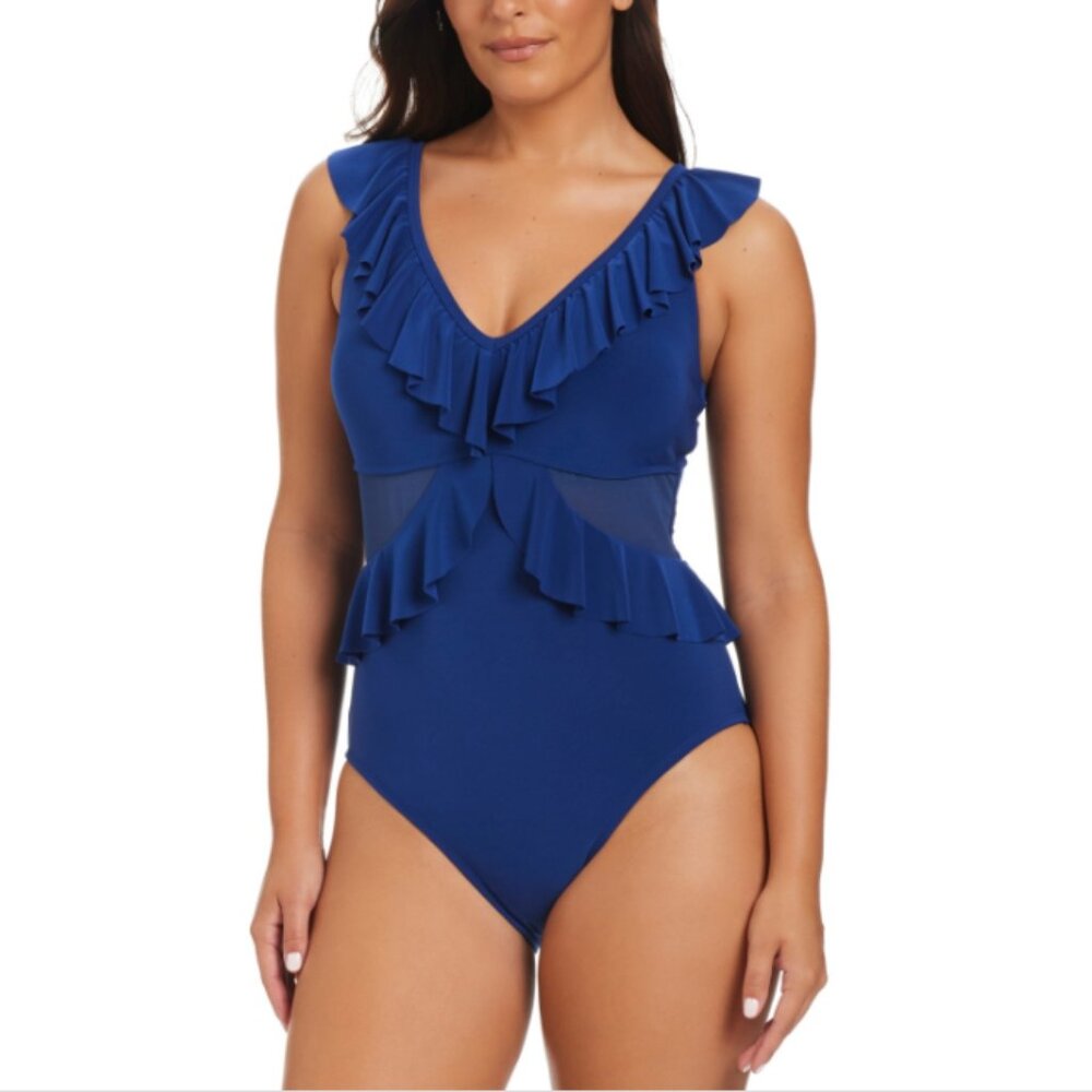 Beyond Control Swimwear Women Solid Essentials Ruffle Blue One Piece Size 8 5533
